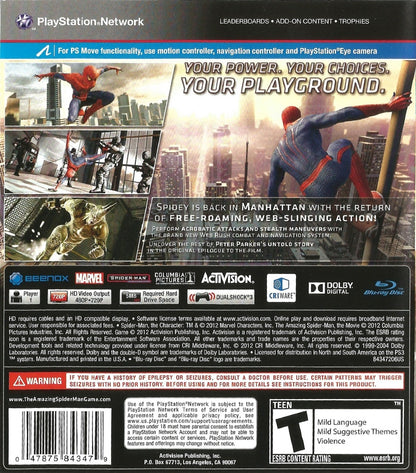 The Amazing Spider-Man PlayStation 3 PS3 video game, open-world action adventure, superhero gameplay, web-slinging combat, Marvel title back cover art