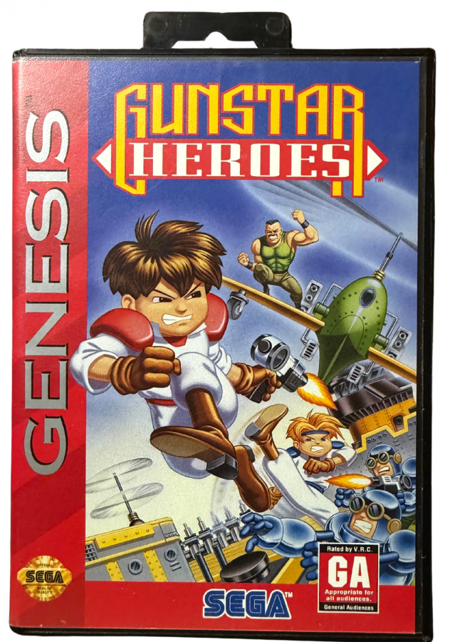 Gunstar Heroes Sega Genesis video game cartridge classic 16 bit action shooter for retro gaming collectors Sega fans vintage video game enthusiasts Genesis game collection and classic gaming enthusiasts cover art