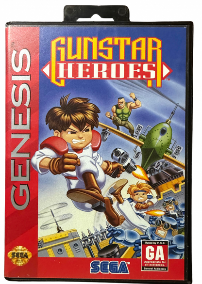 Gunstar Heroes Sega Genesis video game cartridge classic 16 bit action shooter for retro gaming collectors Sega fans vintage video game enthusiasts Genesis game collection and classic gaming enthusiasts cover art