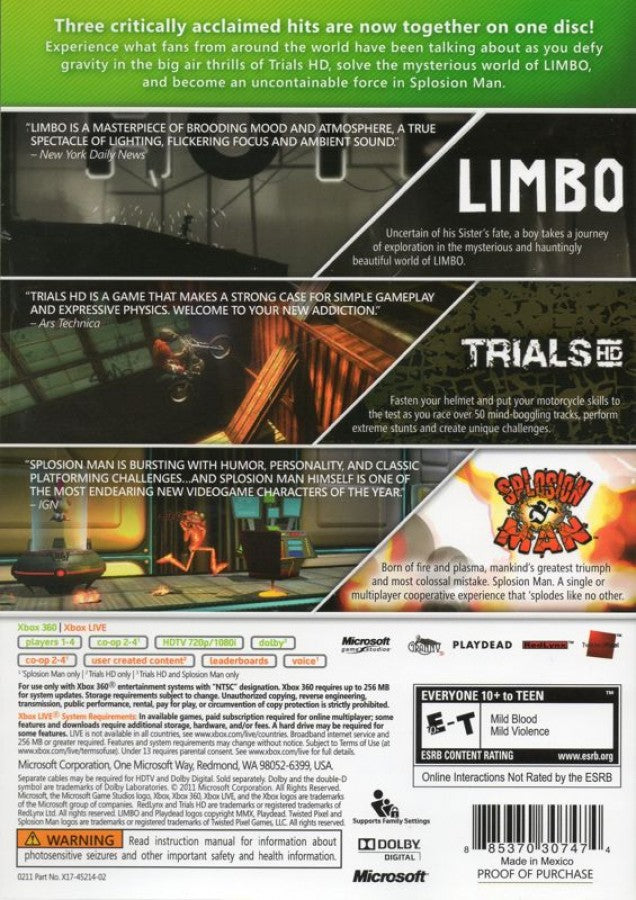 Triple Pack: Limbo, Trials HD, Splosion Man back of case for Xbox 360 (X360) puzzle platformer and action video game compilation