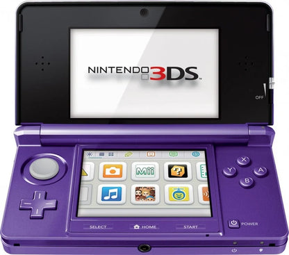 Nintendo 3DS purple handheld gaming system featuring glasses free 3D display dual screens touch screen controls built in cameras Wi Fi connectivity backward compatibility with Nintendo DS games portable Nintendo gaming rechargeable battery collectible gaming appeal