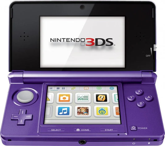 Nintendo 3DS purple handheld gaming system featuring glasses free 3D display dual screens touch screen controls built in cameras Wi Fi connectivity backward compatibility with Nintendo DS games portable Nintendo gaming rechargeable battery collectible gaming appeal