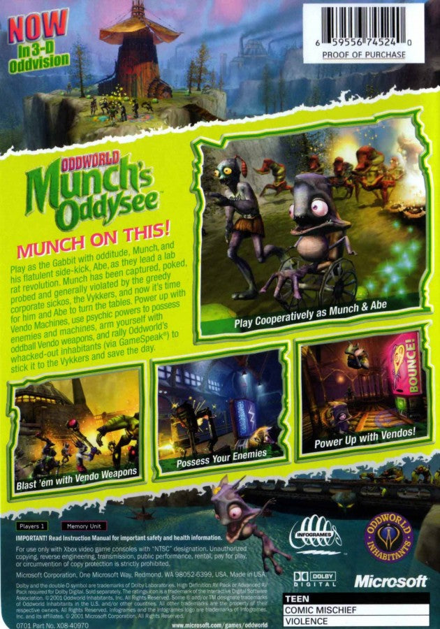 Oddworld Munchs Oddysee retro Xbox video game Oddworld platform adventure puzzle solving quirky alien characters cinematic storytelling action exploration console title Xbox release back of case