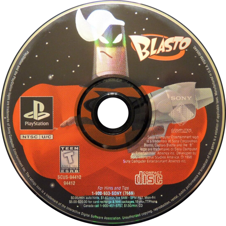 Blasto PlayStation 1 PS1 for third person shooter retro video game fans featuring sci fi action alien invasions explosive combat futuristic weapons humorous gameplay colorful worlds classic PlayStation adventure collectible gaming appeal disc