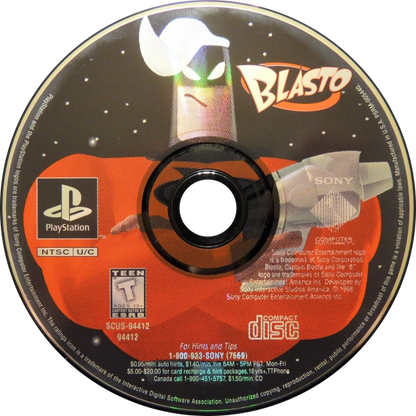 Blasto PlayStation 1 PS1 for third person shooter retro video game fans featuring sci fi action alien invasions explosive combat futuristic weapons humorous gameplay colorful worlds classic PlayStation adventure collectible gaming appeal disc