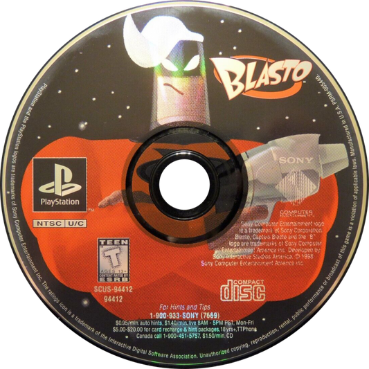 Blasto PlayStation 1 PS1 for third person shooter retro video game fans featuring sci fi action alien invasions explosive combat futuristic weapons humorous gameplay colorful worlds classic PlayStation adventure collectible gaming appeal disc