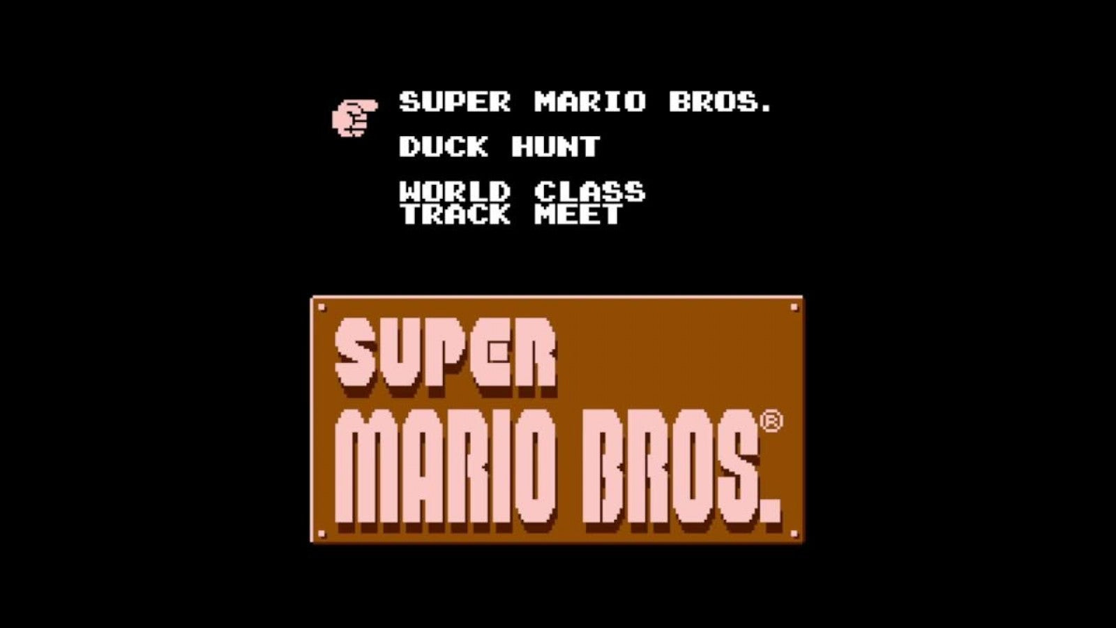 Super Mario Bros Duck Hunt World Class Track Meet Nintendo Entertainment System NES video game, classic compilation cartridge, multiplayer retro Nintendo title main menu game selection screen