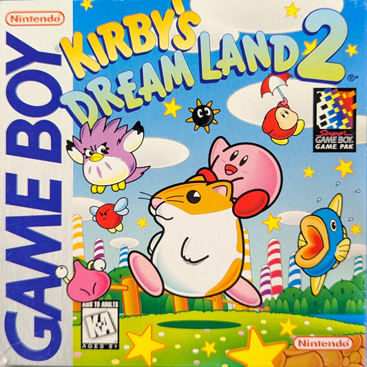 Kirby's Dream Land 2 [CIB] for Game Boy (GB) featuring a charming side scrolling platform adventure where Kirby teams up with animal friends to gain new abilities; explore colorful stages defeat King Dedede and save Dream Land in this complete in box handheld classic real front cover