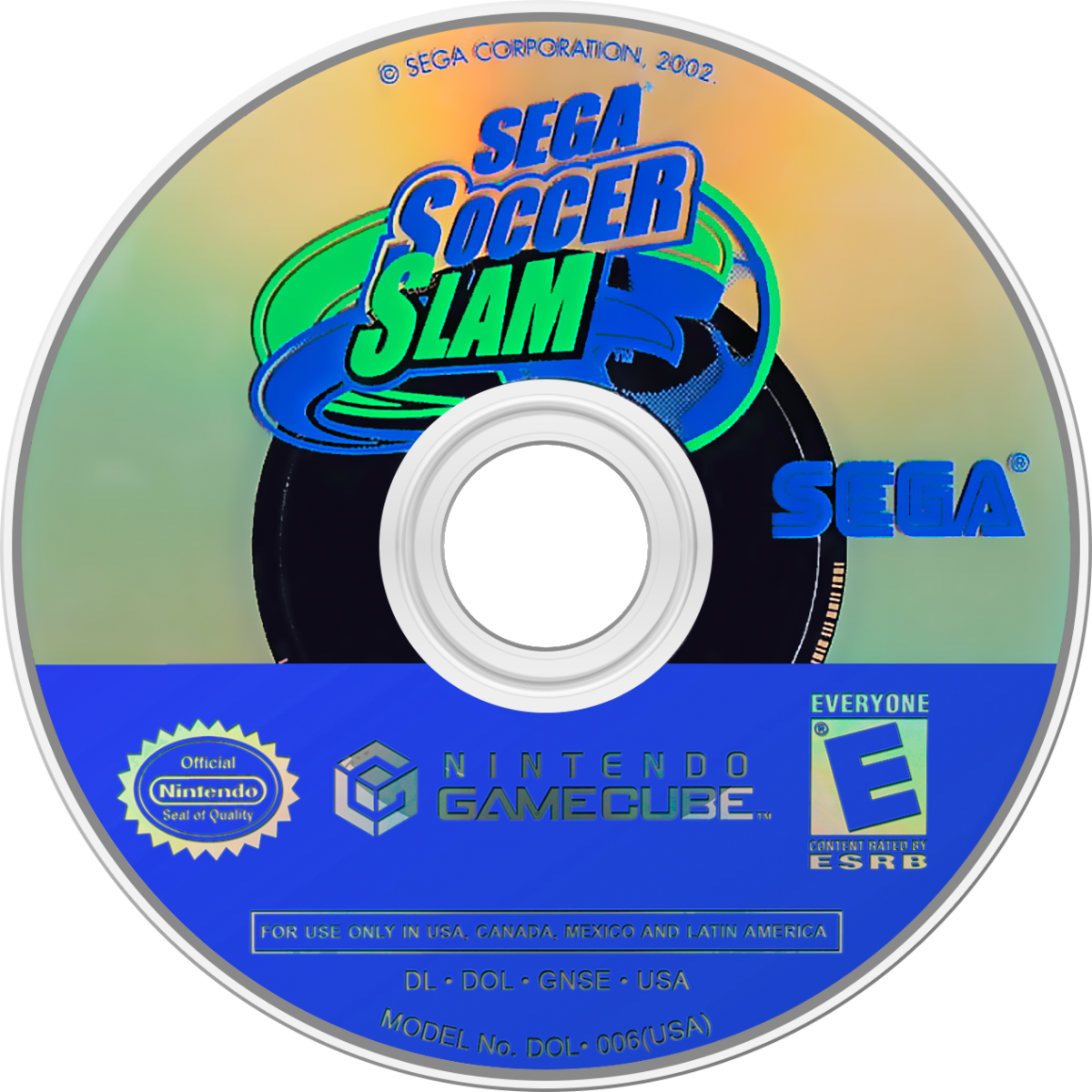 Sega Soccer Slam GameCube GC video game, arcade sports soccer, fast-paced action, multiplayer, stylized gameplay, Nintendo GameCube title disc art
