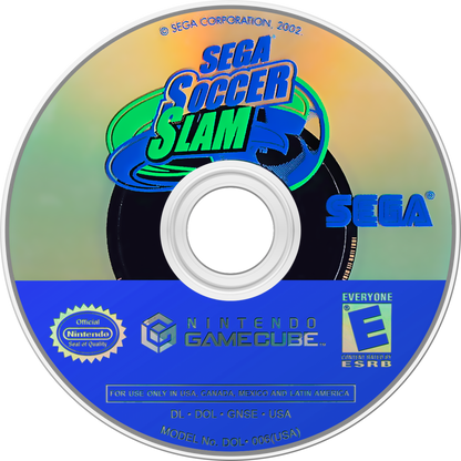 Sega Soccer Slam GameCube GC video game, arcade sports soccer, fast-paced action, multiplayer, stylized gameplay, Nintendo GameCube title disc art
