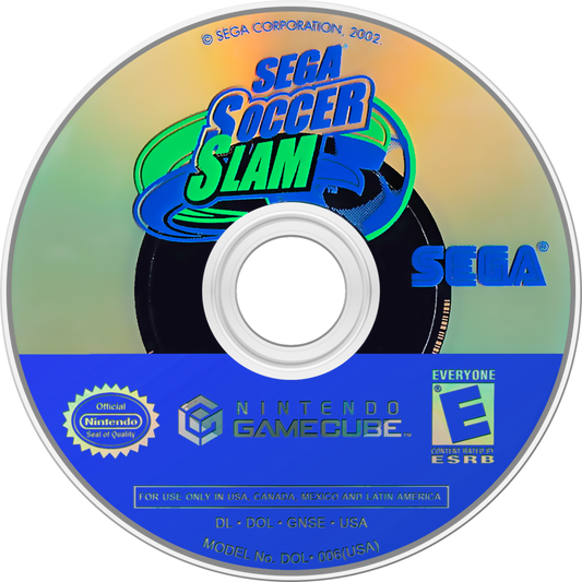 Sega Soccer Slam GameCube GC video game, arcade sports soccer, fast-paced action, multiplayer, stylized gameplay, Nintendo GameCube title disc art
