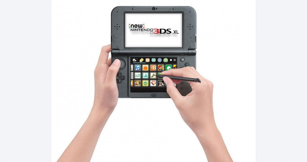 Grey New Nintendo 3DS XL inspired design featuring premium handheld gaming console aesthetic metallic gray finish larger dual screens enhanced processing power portable Nintendo gaming experience glasses free 3D technology presentation