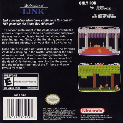 Zelda II The Adventure of Link Classic NES Series for Game Boy Advance (GBA), back of box for a retro video game featuring action role-playing gameplay, side-scrolling combat, dungeon exploration, fantasy adventure, and classic Nintendo action