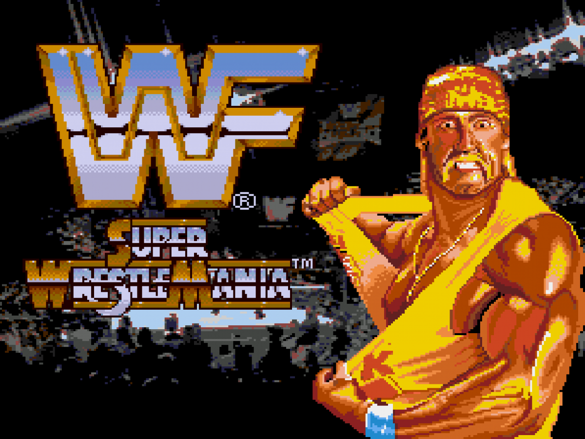 WWF Super WrestleMania for Sega Genesis with classic 16-bit wrestling action theme title screen