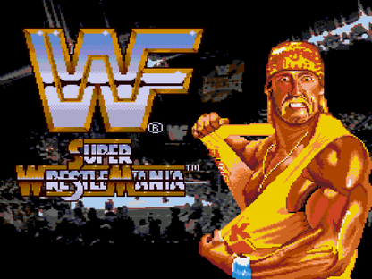 WWF Super WrestleMania for Sega Genesis with classic 16-bit wrestling action theme title screen