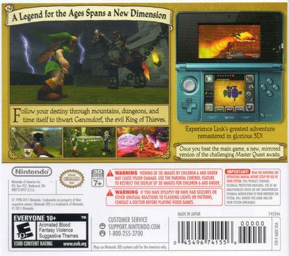 The Legend of Zelda Ocarina of Time 3D Nintendo 3DS 3DS action adventure video game featuring Link Hyrule exploration dungeon puzzles sword combat iconic enemies bosses magical items the Ocarina of Time enhanced 3D gameplay and classic Nintendo 3DS 3DS gaming collectible retro gaming appeal back cover art