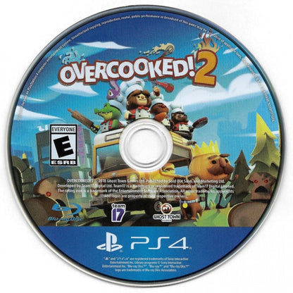 Overcooked 2 – PlayStation 4 (PS4) video game disc showing cartoon kitchen chaos cooperative cooking gameplay