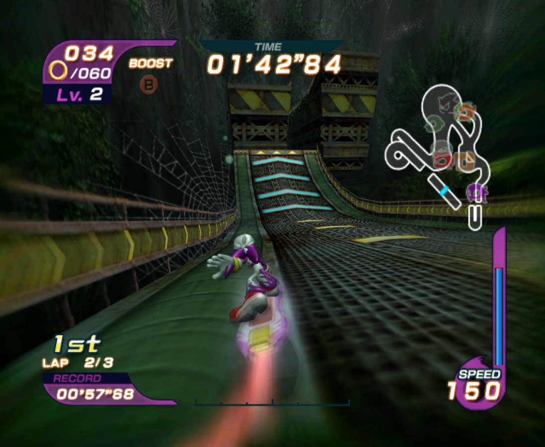 Sonic Riders gameplay for GameCube (GC) game featuring high-speed hoverboard racing and arcade-style competition 