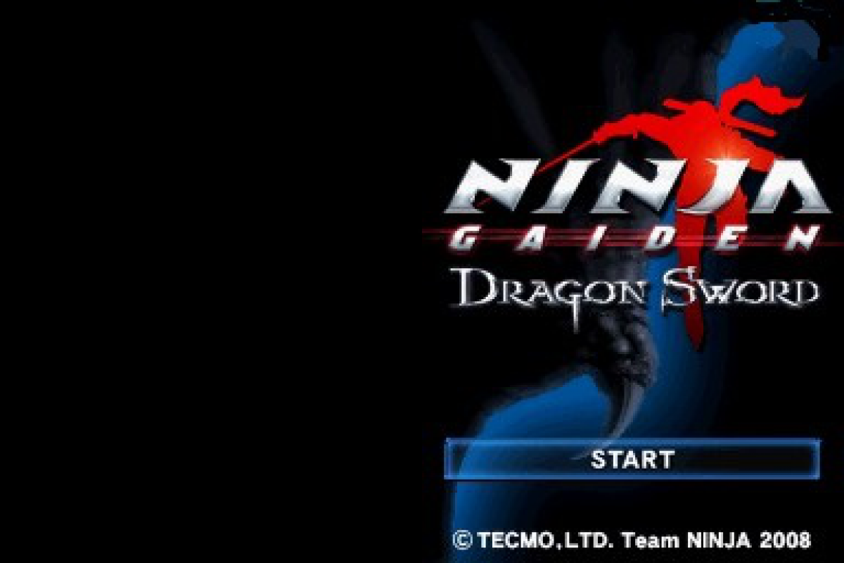 Ninja Gaiden Dragon Sword for Nintendo DS, title screen for an action-adventure video game with fast-paced combat, stylus-based controls, ninja gameplay, and mission-based progression