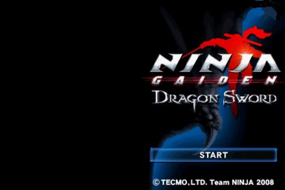 Ninja Gaiden Dragon Sword for Nintendo DS, title screen for an action-adventure video game with fast-paced combat, stylus-based controls, ninja gameplay, and mission-based progression