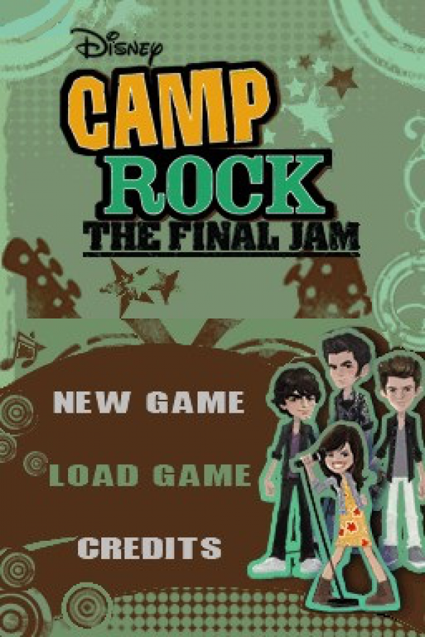 Camp Rock The Final Jam for Nintendo DS (DS), title screen for a retro video game featuring rhythm-based gameplay, music performance challenges, mini-games, character customization, and movie-inspired musical adventure