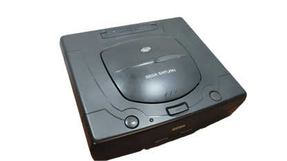 Sega Saturn console featuring classic 90s design and retro CD-based gaming system angled front view of top