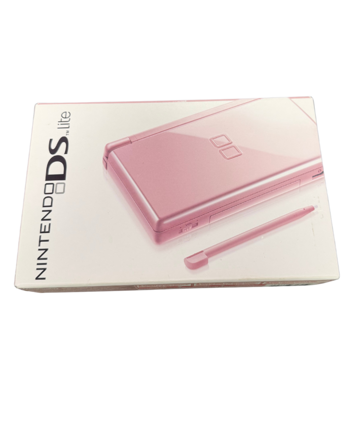 Boxed Nintendo DS Lite in pink, handheld gaming console with original packaging.
