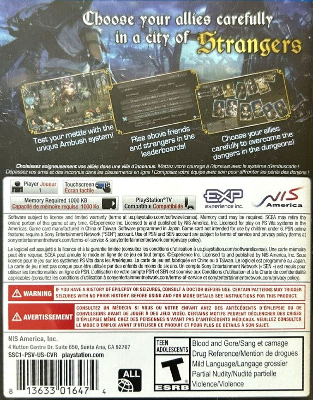Stranger of Sword City Limited Edition PS Vita game featuring turn-based RPG gameplay and collectible bonus content back cover art