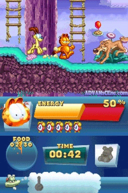 Garfield's Fun Fest gameplay for Nintendo DS (DS) cartoon platforming adventure video game