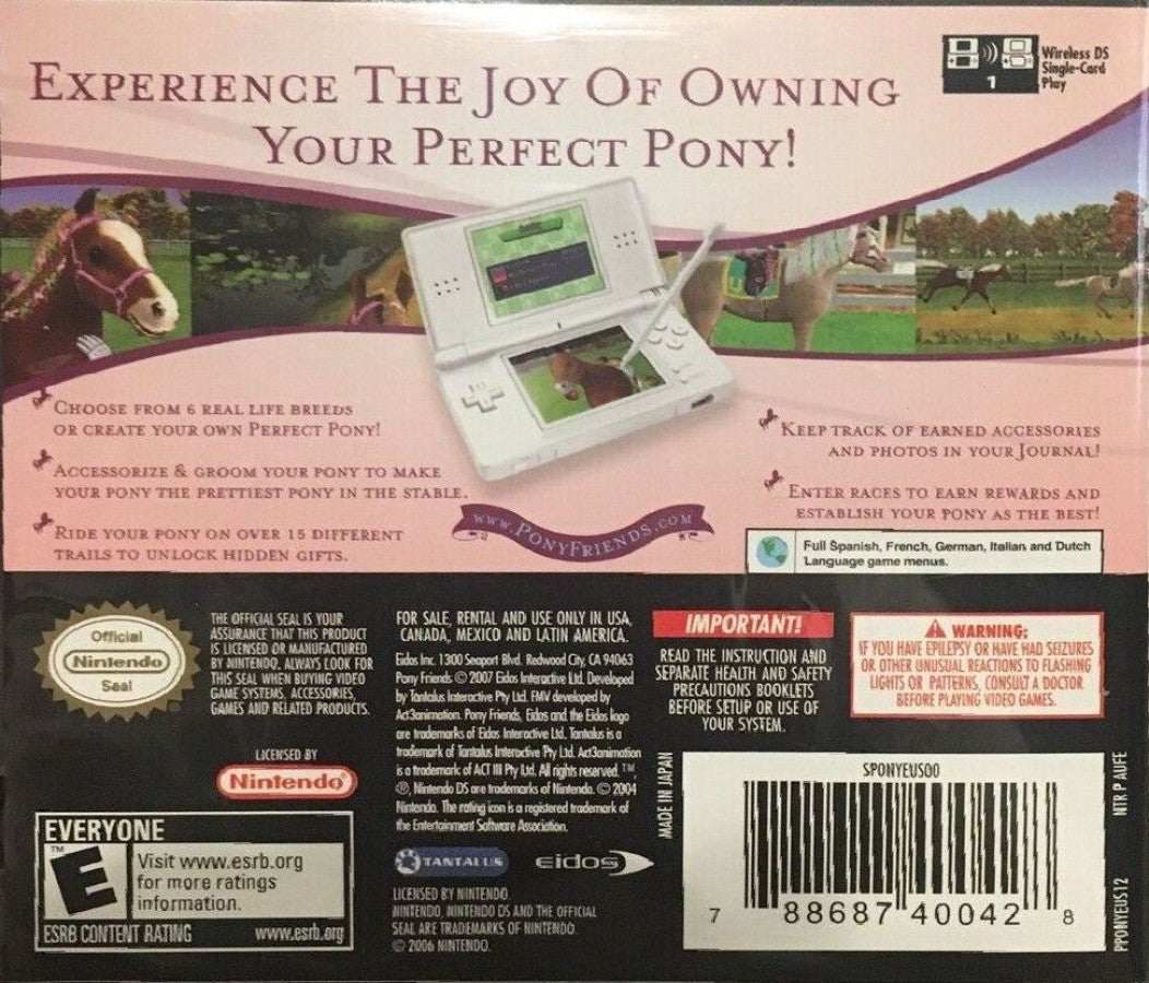 Pony Friends back of case for Nintendo DS (DS) horse care simulation video game