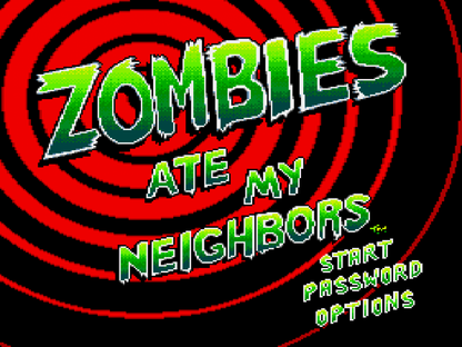Zombies Ate My Neighbors Sega Genesis classic run and gun co-op survival horror themed rescue neighbors across 55 levels cult classic title screen