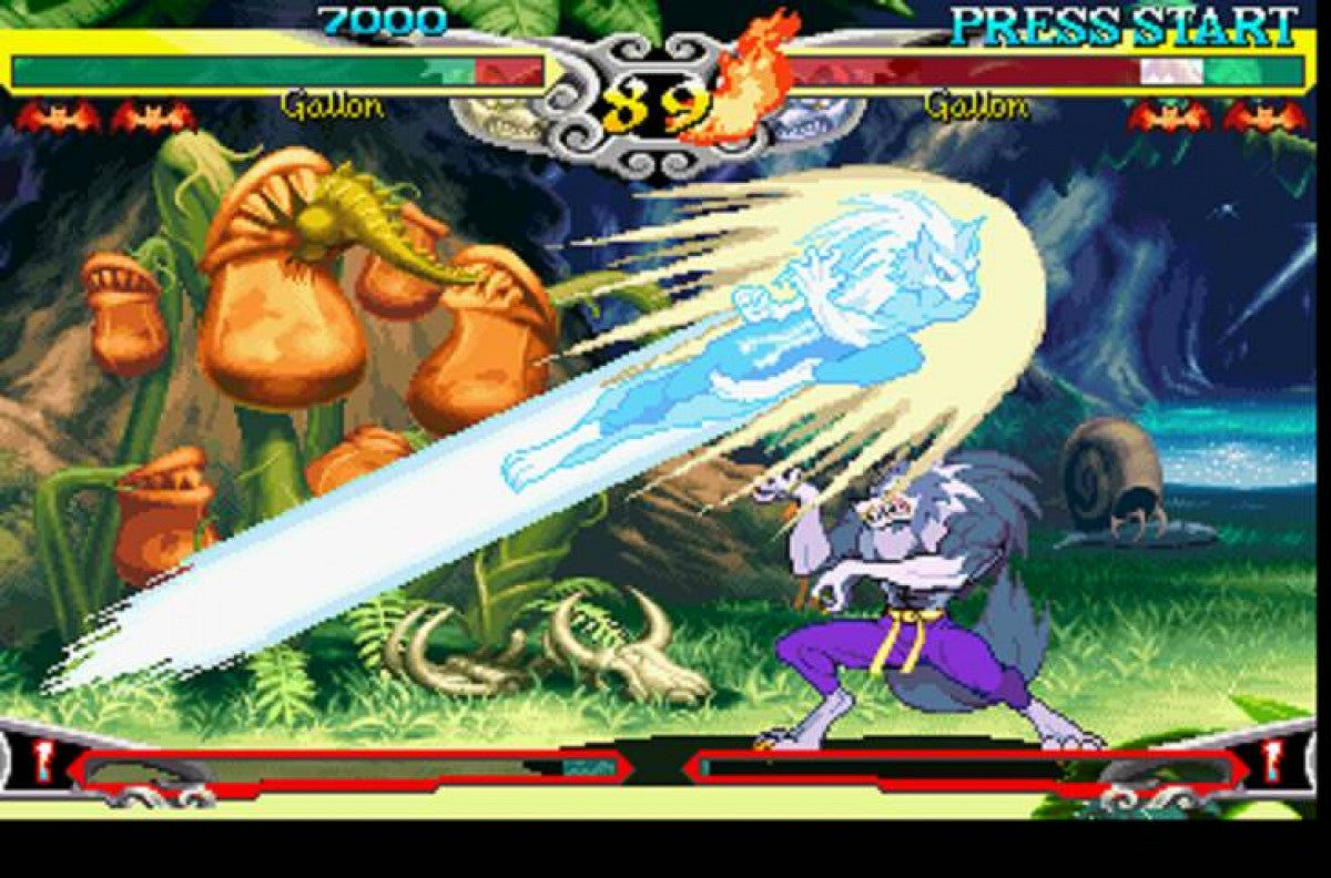 Gameplay for Darkstalkers 3 PlayStation 1 game featuring fast-paced 2D fighting gameplay with iconic Capcom characters