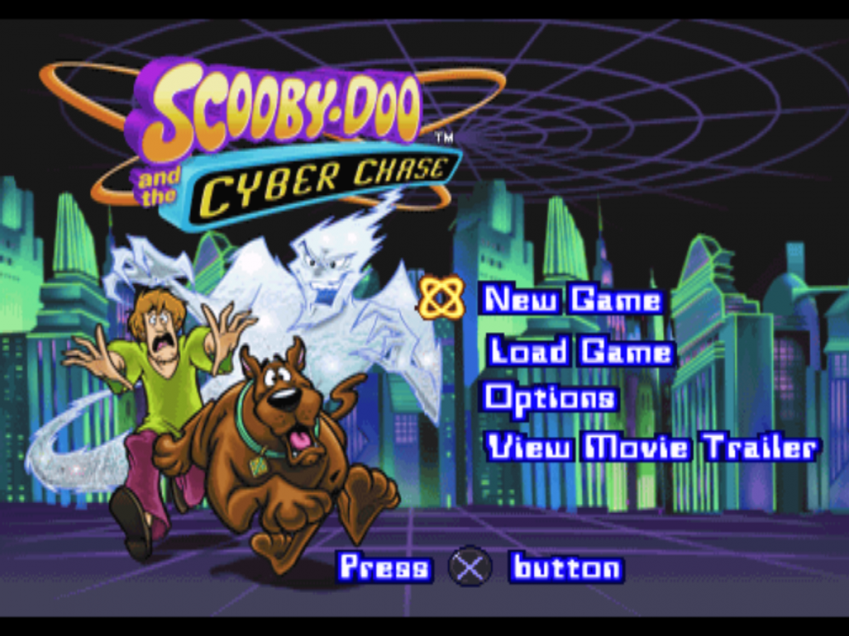 Scooby-Doo! and the Cyber Chase PlayStation 1 PS1 video game, action adventure platformer, mystery-solving gameplay, classic console title main menu title screen