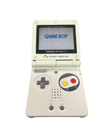 Game Boy Advance SP Super Famicom shell handheld gaming system featuring a custom Super Famicom inspired shell design with a frontlit clamshell screen rechargeable battery and compatibility with Game Boy Advance and Game Boy Color games