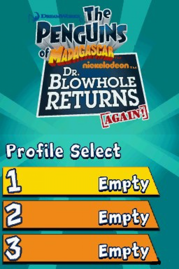 Penguins of Madagascar Dr Blowhole Returns for Nintendo DS, title screen for an action-adventure video game with mission-based gameplay, mini-games, cartoon-style humor, and character-driven challenges