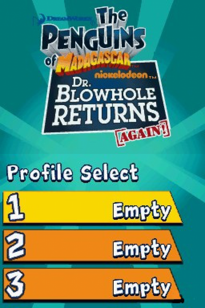 Penguins of Madagascar Dr Blowhole Returns for Nintendo DS, title screen for an action-adventure video game with mission-based gameplay, mini-games, cartoon-style humor, and character-driven challenges