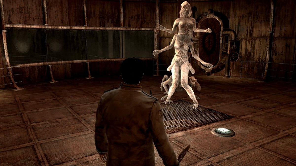 Retro Silent Hill Homecoming Xbox 360 inspired design featuring psychological survival horror aesthetic vintage HD era fog covered town disturbing creatures haunted atmosphere dark family secrets cinematic terror nostalgic Konami horror presentation gameplay