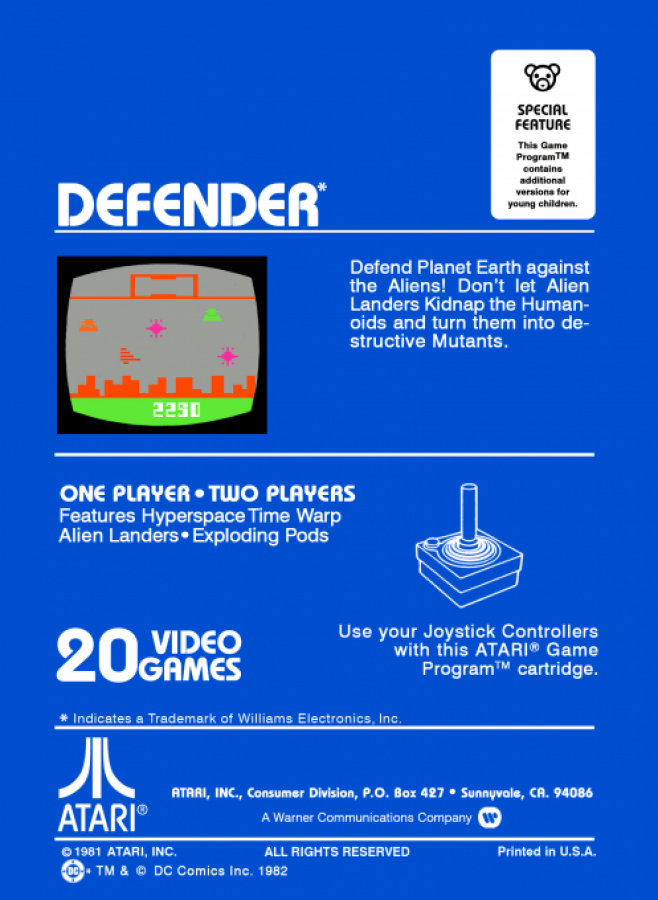 Defender back cover art for Atari 2600 video game