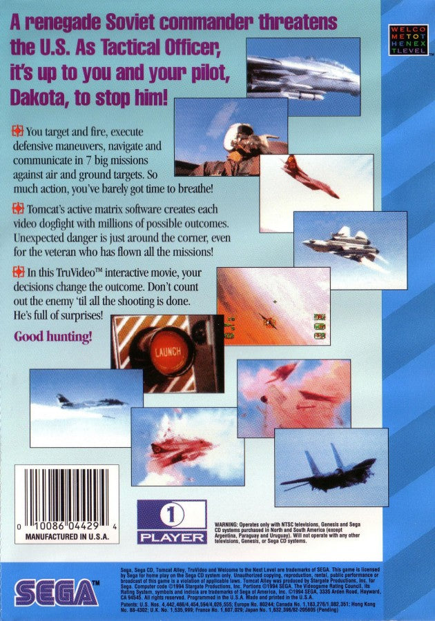 Tomcat Alley Sega CD full motion video FMV flight combat game fighter jet missions aerial dogfights live action cockpit footage arcade shooting gameplay military action cinematic presentation retro gaming Sega CD software video game title back cover art