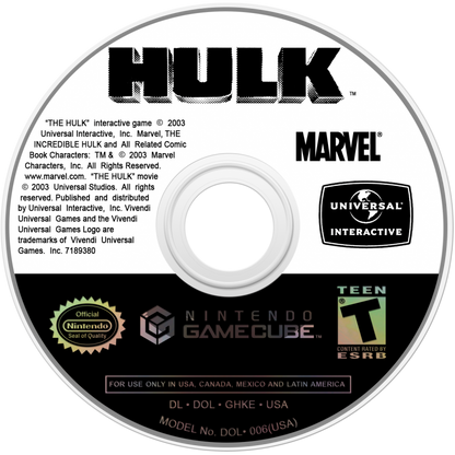 Hulk for GameCube featuring destructive action gameplay as the Incredible Hulk in an open environment disc