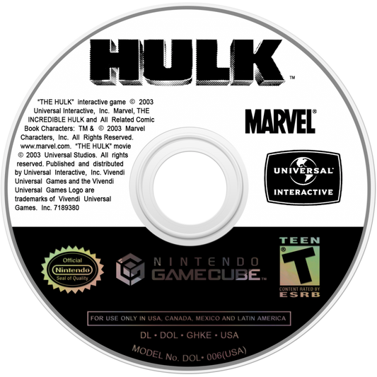 Hulk for GameCube featuring destructive action gameplay as the Incredible Hulk in an open environment disc