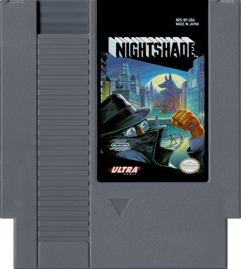 Nightshade Nintendo Entertainment System inspired design featuring classic action adventure gameplay aesthetic comic book inspired crime fighting hero mystery solving challenges side scrolling exploration retro 8 bit gaming atmosphere nostalgic NES presentation cartridge