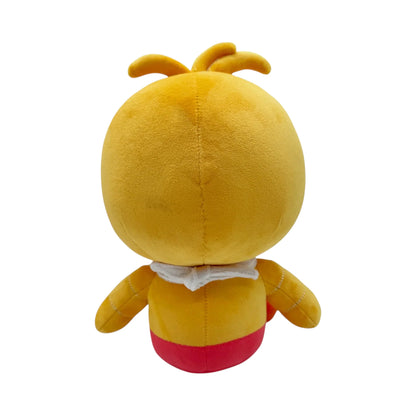Toy Chica 9 Inch Plush collectible Five Nights at Freddy's FNAF character plush featuring Toy Chica soft plush construction bright yellow chicken design pink bib and detailed character styling 9 inch size huggable collectible display item video game merchandise and gaming collectible appeal back