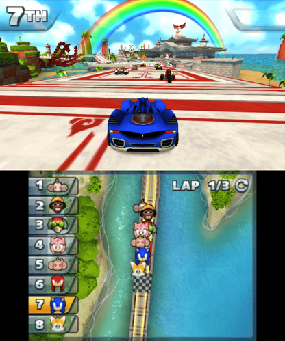 Sonic & All-Stars Racing Transformed Nintendo 3DS 3DS for arcade racing video game fans featuring Sonic characters transforming cars boats and airplanes colorful tracks power ups drifting stunts challenging races multiplayer gameplay and fast paced SEGA racing action collectible gaming appeal gameplay