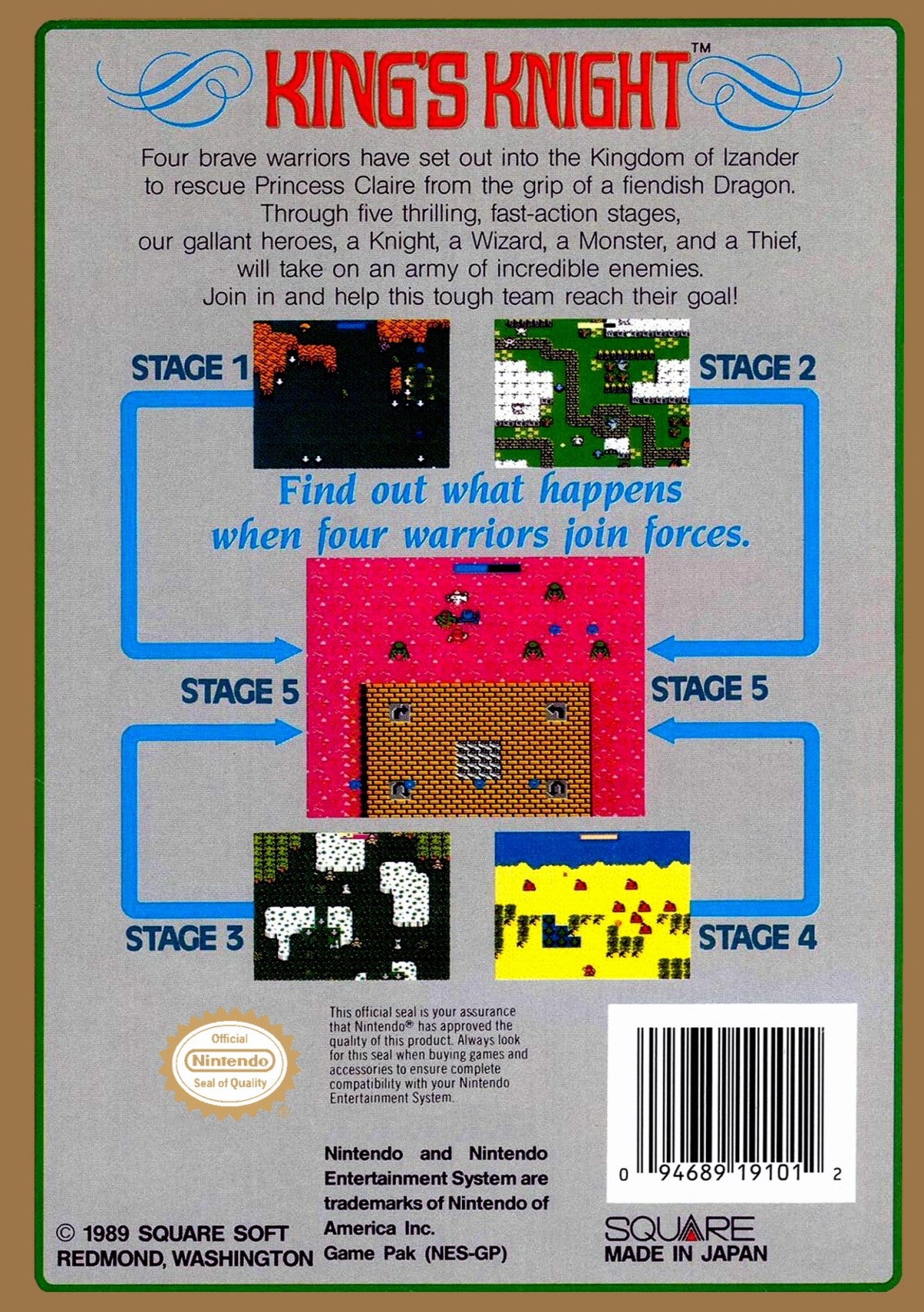 King's Knight Nintendo Entertainment System NES for scrolling shooter video game fans featuring vertical shooting action fantasy heroes cooperative inspired gameplay challenging enemy waves magical abilities classic Square adventure retro Nintendo gaming collectible gaming appeal back cover art