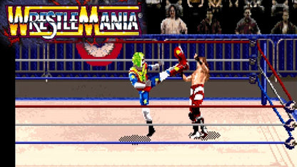 WWF WrestleMania The Arcade Game for Super Nintendo arcade style wrestling fighting game featuring WWF superstars exaggerated moves combos and versus battles gameplay
