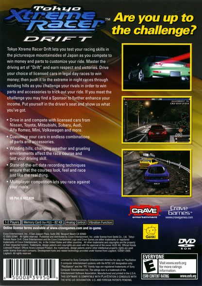 Tokyo Xtreme Racer Drift 2 game for the PlayStation 2 featuring street racing gameplay focused on drifting mechanics car tuning and rival battles set on mountain roads with arcade style controls and progression through unlocking and defeating competitors back cover 