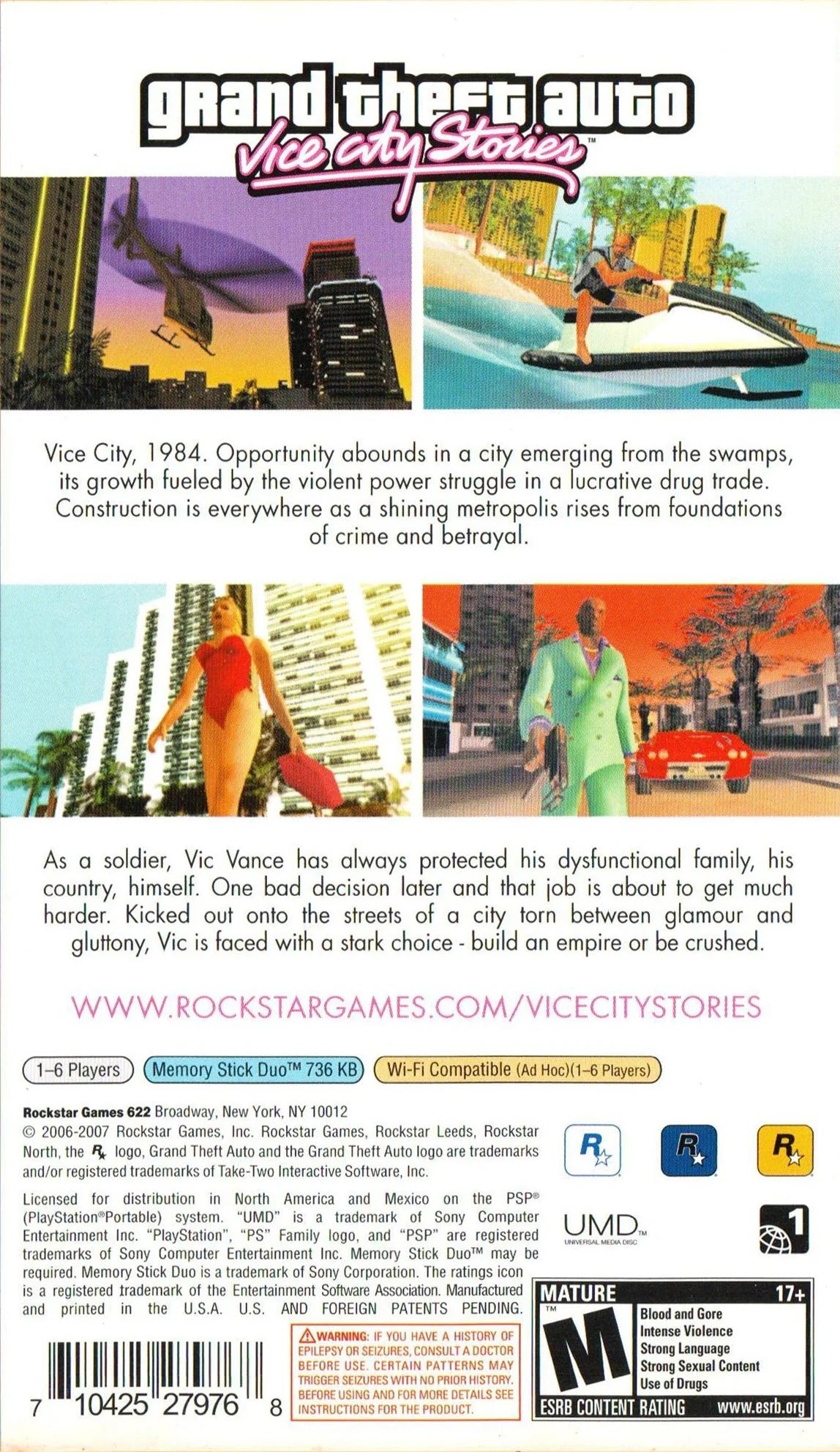Grand Theft Auto Vice City Stories Greatest Hits PSP inspired design featuring open world crime adventure aesthetic neon soaked city streets criminal empire building action packed missions 1980s inspired atmosphere cinematic Rockstar gameplay handheld gaming presentation back cover