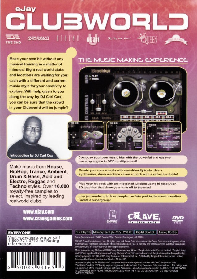 eJay Clubworld back of case for PlayStation 2 (PS2) music creation and rhythm video game