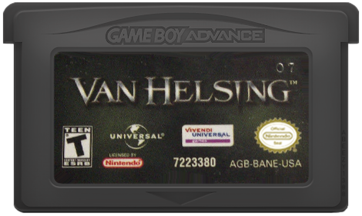 Van Helsing for Game Boy Advance (GBA), cartridge for a retro video game featuring action-adventure gameplay, monster hunting combat, side-scrolling levels, supernatural enemies, and movie-inspired gothic fantasy battles